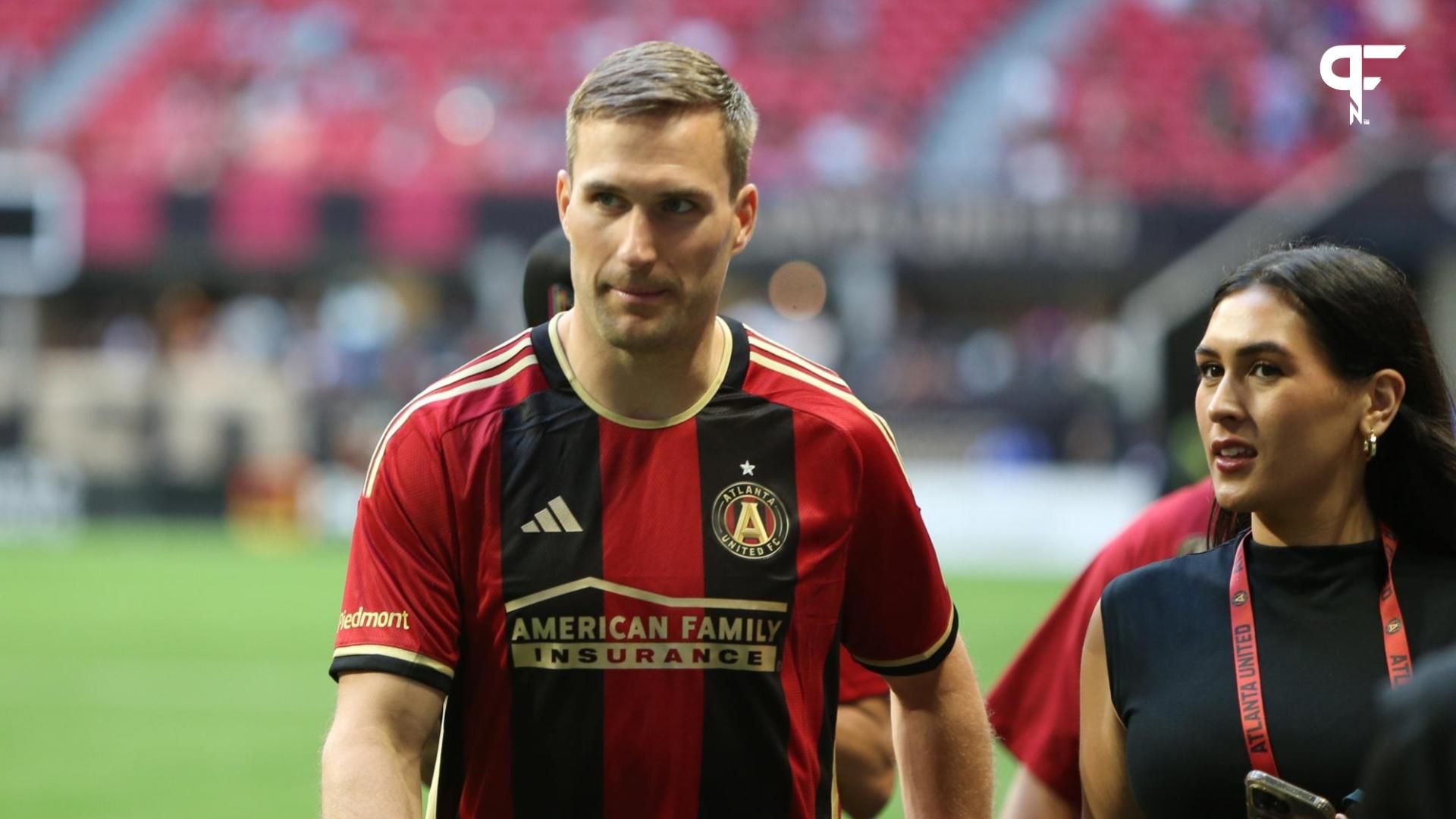 Atlanta Falcons QB Kirk Cousins makes an appearance at an MLS match between the Atlanta United and FC Cincinnati.
