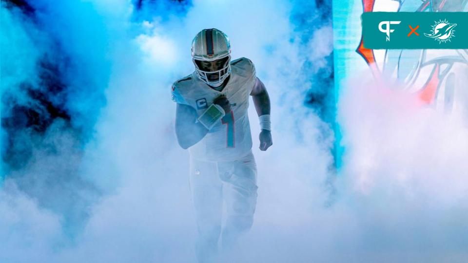 Miami Dolphins quarterback Tua Tagovailoa (1), enter the field before the start of their game agains the Buffalo Bills during NFL football game Jan 07, 2024, in Miami Gardens.