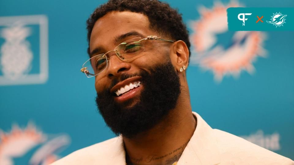 Miami Dolphins wide receiver Odell Beckham Jr. speaks to the media during an introductory press conference at Baptist Health Training Complex.