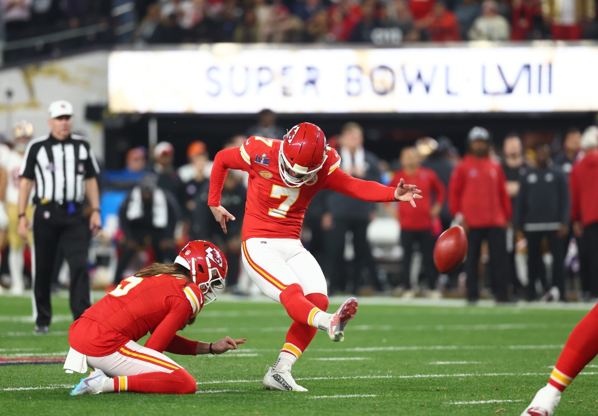 Kansas City Chiefs K Harrison Butker (7) kicks a field goal in the Super Bowl against the San Francisco 49ers.