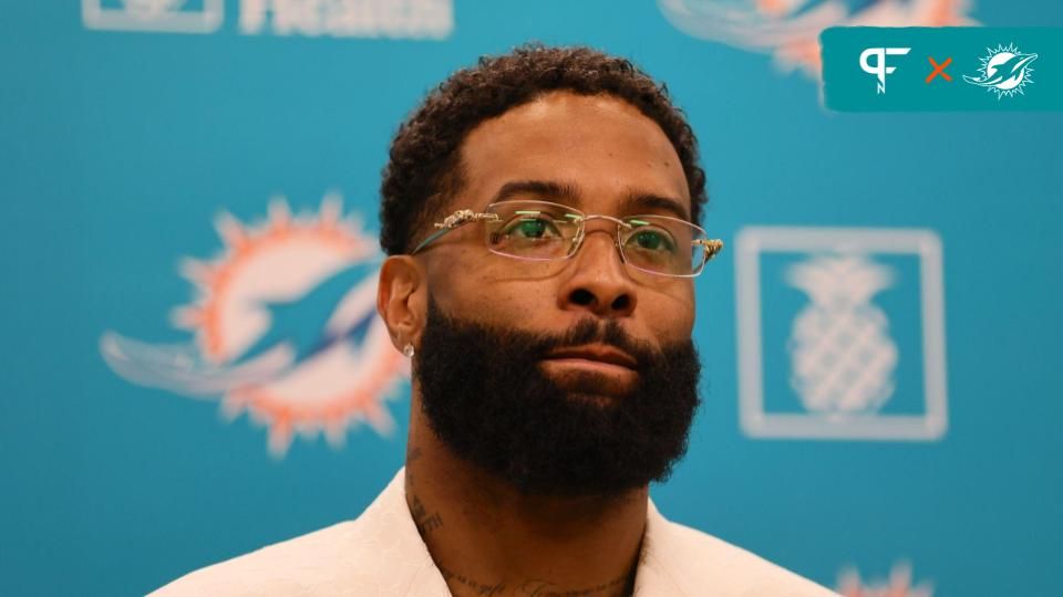 Miami Dolphins wide receiver Odell Beckham Jr. speaks to the media during an introductory press conference at Baptist Health Training Complex.