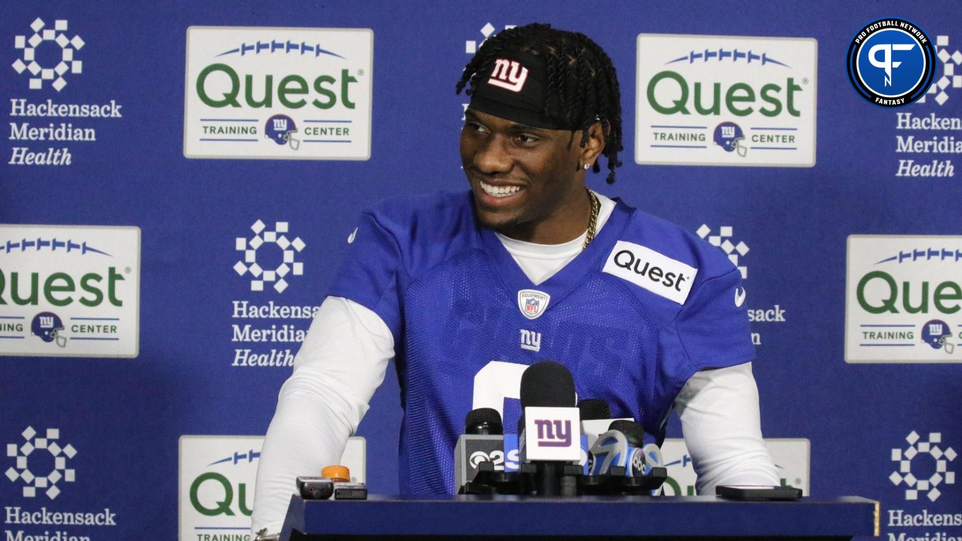 East Rutherford , NJ — May 10, 2024 -- The number one draft pick for the Giants is wide receiver Malik Nabers as the NY Giants hold their Rookie Camp and introduce their new draft picks.