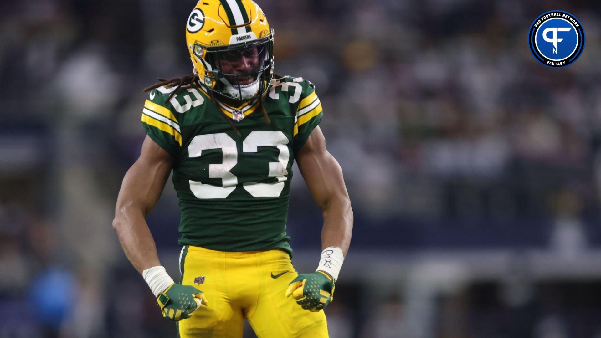 Green Bay Packers RB Aaron Jones (33) reacts after a play against the Dallas Cowboys.