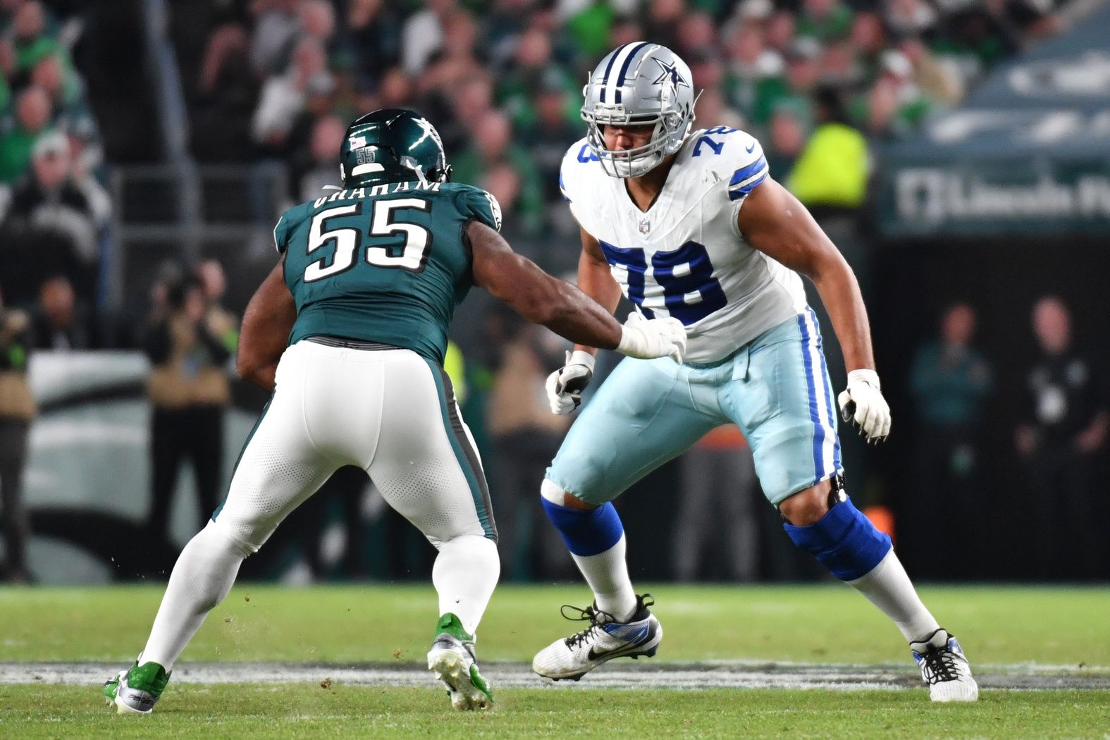 Dallas Cowboys offensive tackle Terence Steele (78) block Philadelphia Eagles defensive end Brandon Graham (55) at Lincoln Financial Field in an NFC East clash. Mandatory Credit: Eric Hartline-USA TODAY Sports