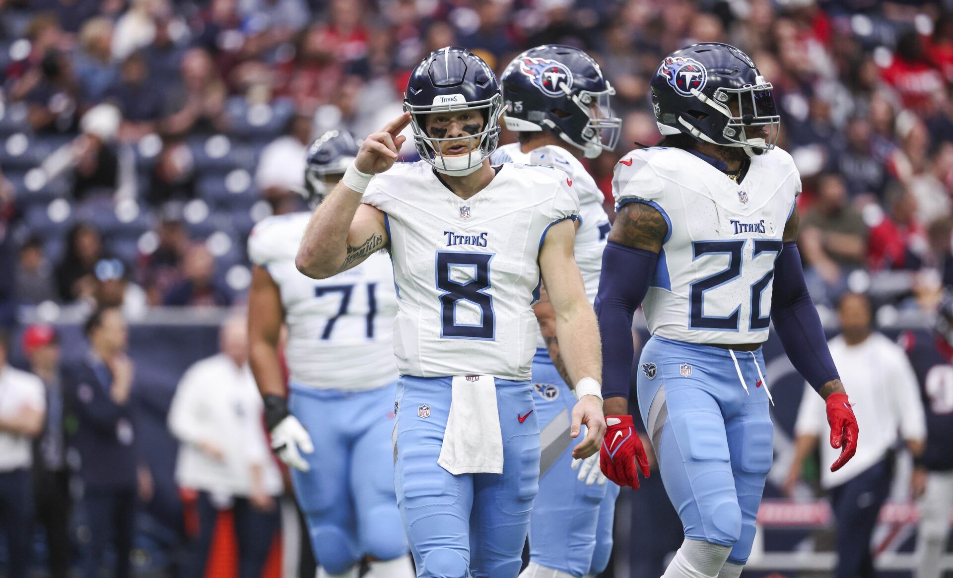 Tennessee Titans quarterback Will Levis (8) reacts after a play during the first quarter against the Houston Texans at NRG Stadium. Mandatory Credit: Troy Taormina-USA TODAY Sports