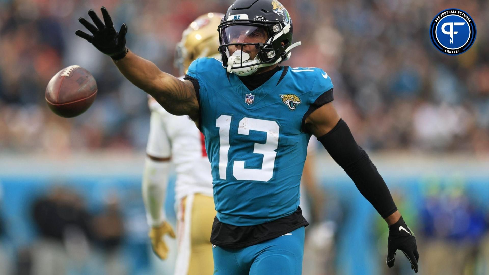 Jacksonville Jaguars wide receiver Christian Kirk (13) reacts to a reception during the third quarter of an NFL football game Sunday, Nov. 12, 2023 at EverBank Stadium in Jacksonville, Fla. The San Francisco 49ers defeated the Jacksonville Jaguars 34-3.