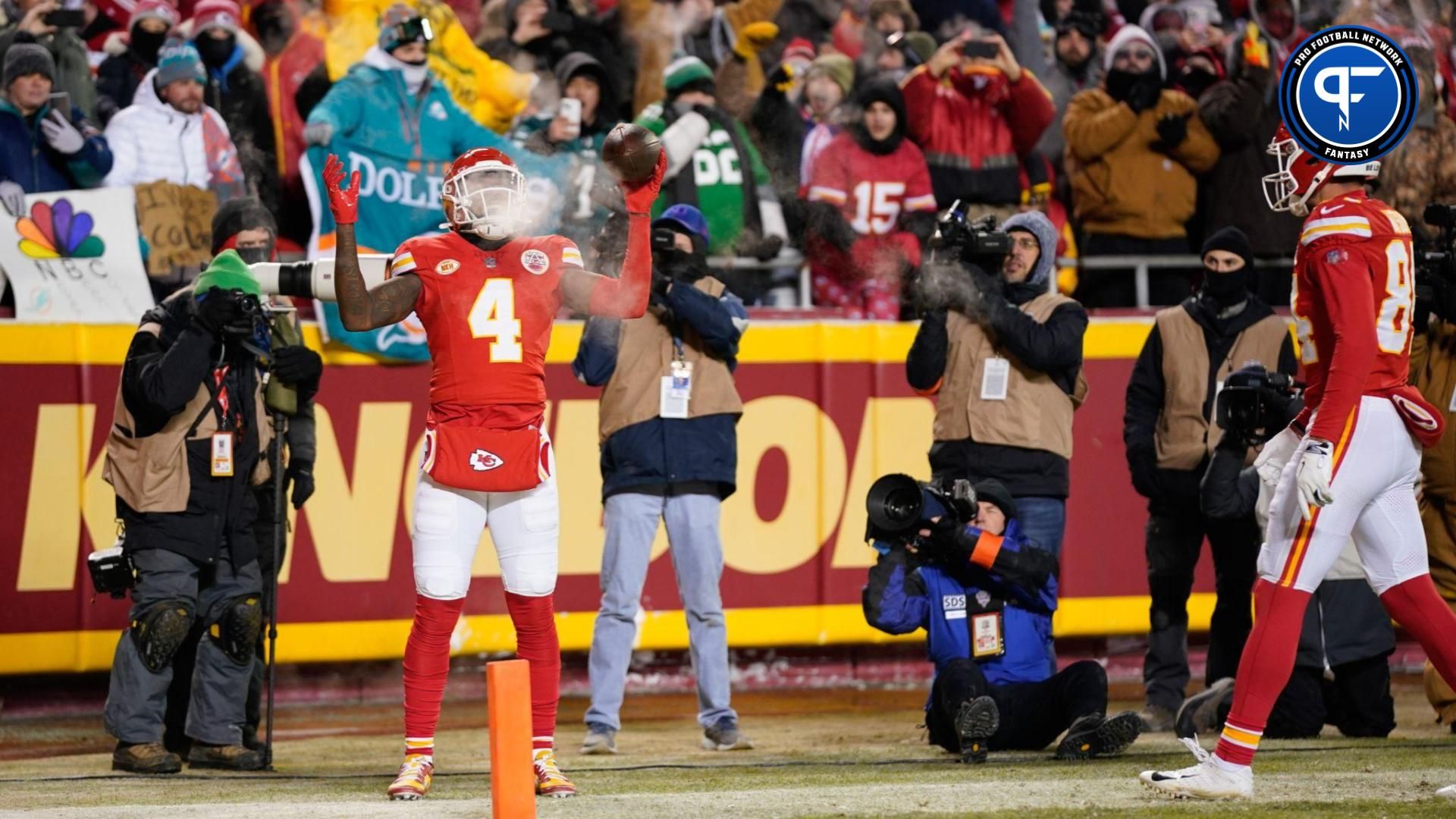 Kansas City Chiefs wide receiver Rashee Rice (4) celebrates his touchdown scored against the Miami Dolphins during the first half of the 2024 AFC wild card game at GEHA Field at Arrowhead Stadium.