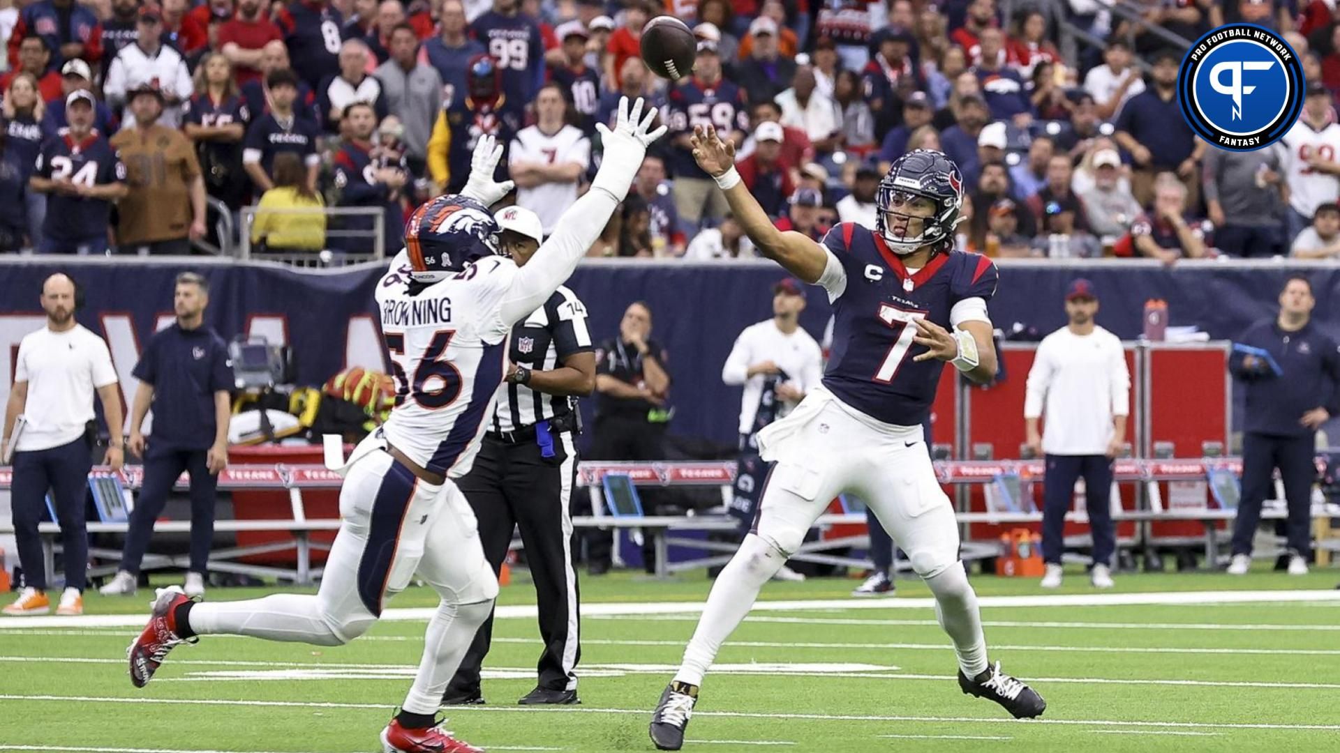 Houston Texans quarterback C.J. Stroud (7) attempts a pass as Denver Broncos linebacker Baron Browning (56) defends during the game at NRG Stadium.