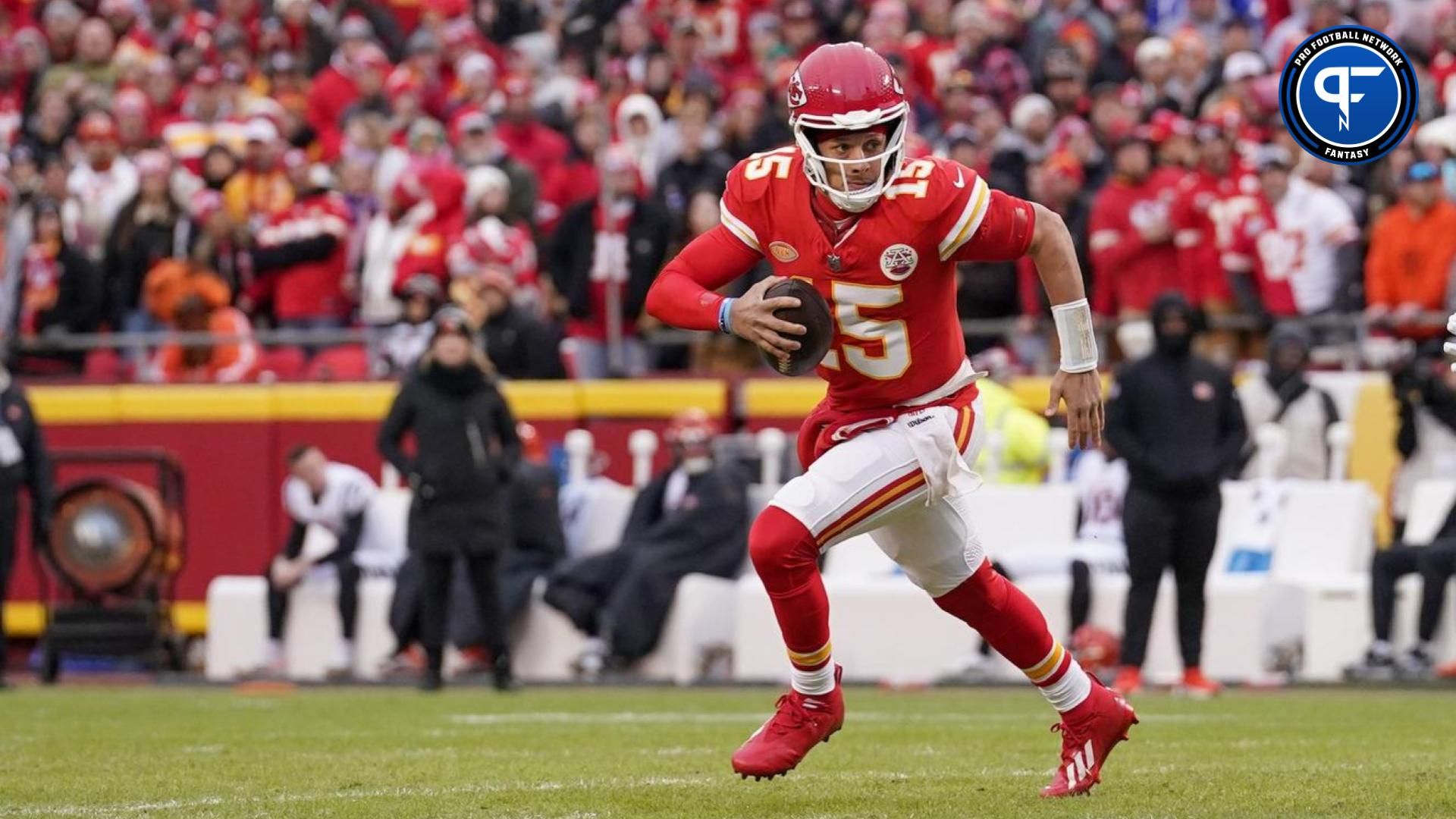 Kansas City Chiefs quarterback Patrick Mahomes (15) against the Cincinnati Bengals during the game at GEHA Field at Arrowhead Stadium.