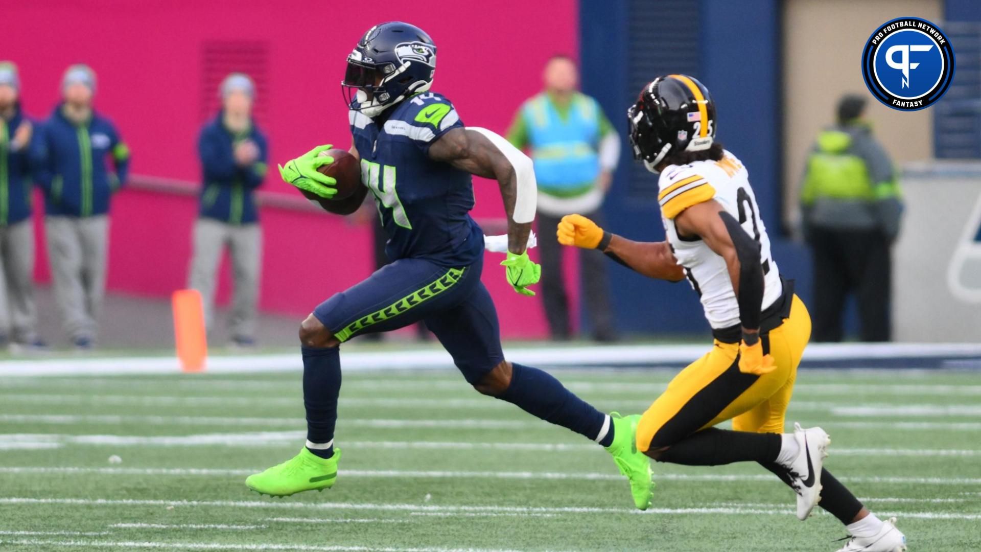 Seattle Seahawks WR DK Metcalf (14) runs after the catch against the Pittsburgh Steelers.