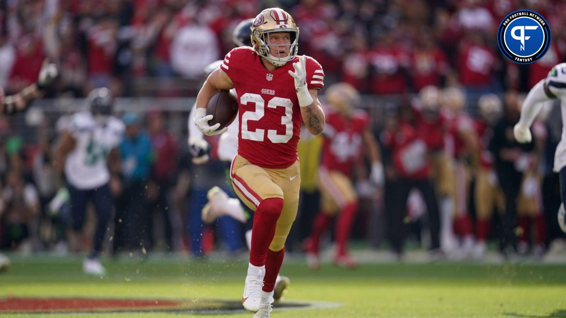 San Francisco 49ers running back Christian McCaffrey (23) rushes for a 72 yard gain against the Seattle Seahawks in the first quarter at Levi's Stadium. Mandatory Credit: Cary Edmondson-USA TODAY Sports