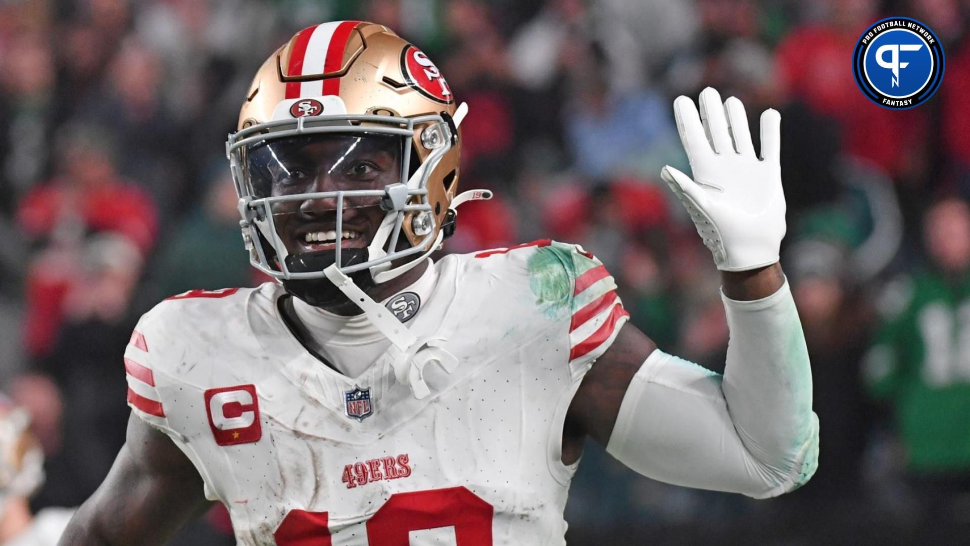 San Francisco 49ers wide receiver Deebo Samuel (19) waves goodbye to the Philadelphia Eagles fans after scoring a touchdown during the fourth quarter at Lincoln Financial Field. Mandatory Credit: Eric Hartline-USA TODAY Sports