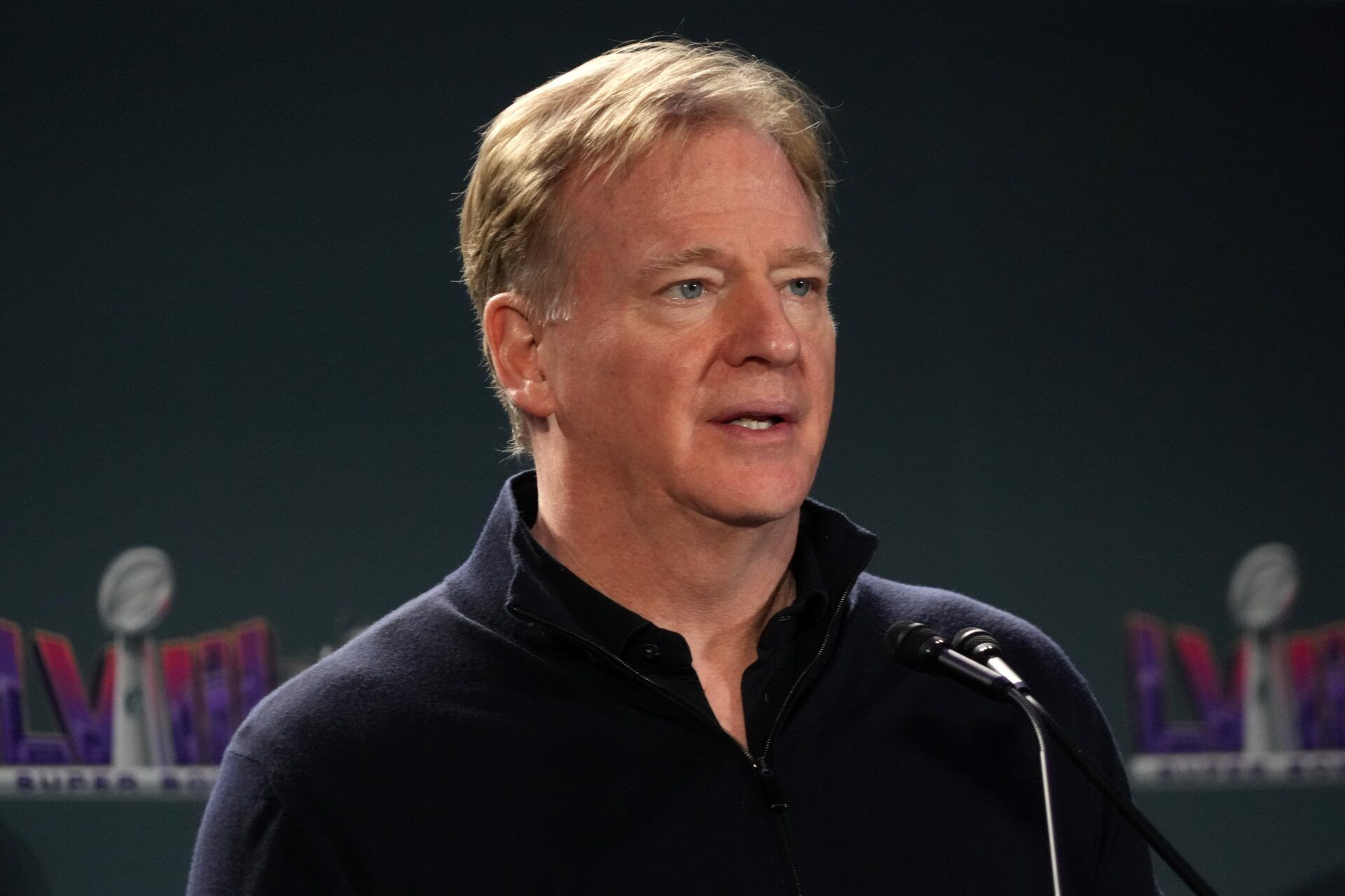 NFL News and Rumors: NFL commissioner Roger Goodell at the Super Bowl Host Committee Handoff press conference at the Super Bowl LVIII media center at the Mandalay Bay North Convention Center. Mandatory Credit: Kirby Lee-USA TODAY Sports