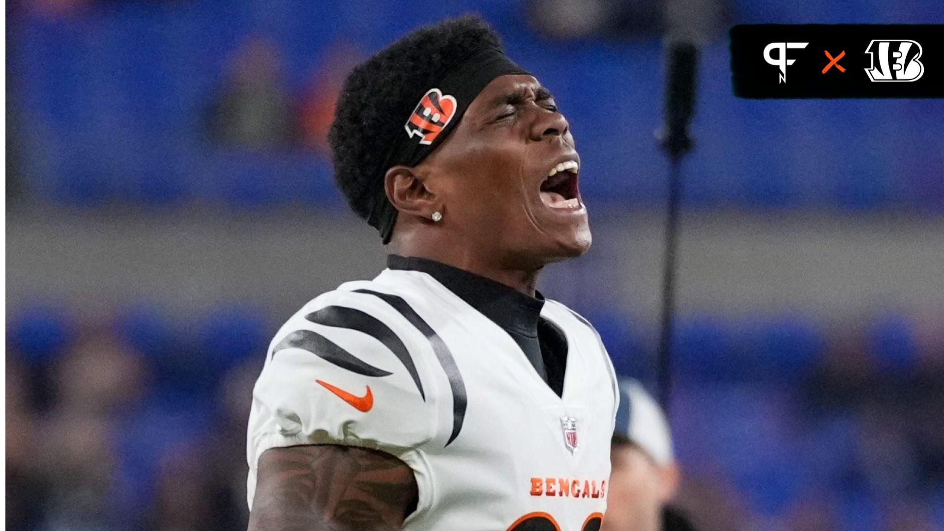 Cincinnati Bengals cornerback Cam Taylor-Britt (29) gets hype during warmups before the first quarter of the NFL Week 11 game between the Baltimore Ravens and the Cincinnati Bengals at M&T Bank Stadium in Baltimore on Thursday, Nov. 16, 2023.