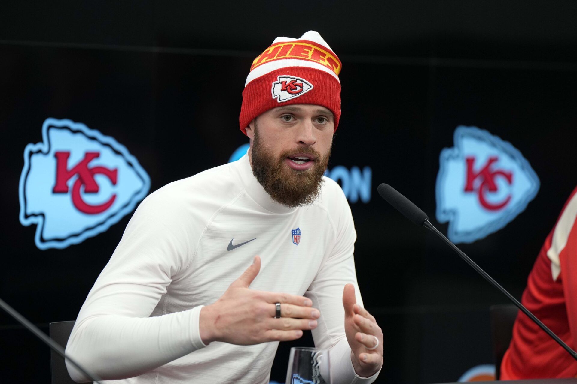 Kansas City Chiefs place kicker Harrison Butker during press conference at DFB Campus. The NFL kicker's speech at a commencement ceremony has been a controversial topic over the last week. Mandatory Credit: Kirby Lee-USA TODAY Sports