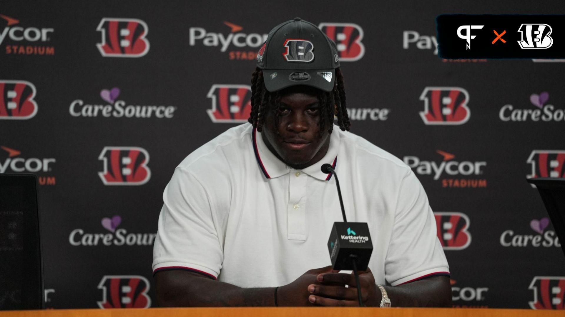 Amarius Mims joins the Bengals, speaking at a press conference at Paycor Stadium on Friday April 26, 2024.