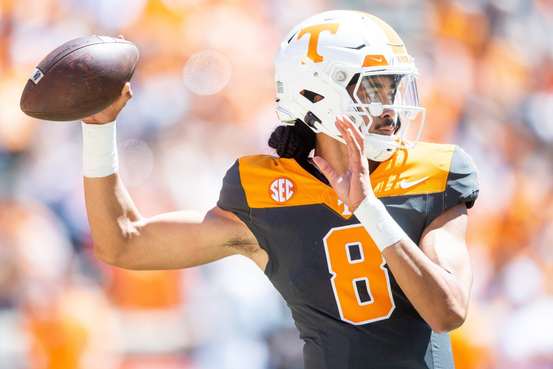 Tennessee quarterback Nico Iamaleava (8) during Tennessee's Orange & White spring football game at Neyland Stadium on Saturday, April 13, 2024.