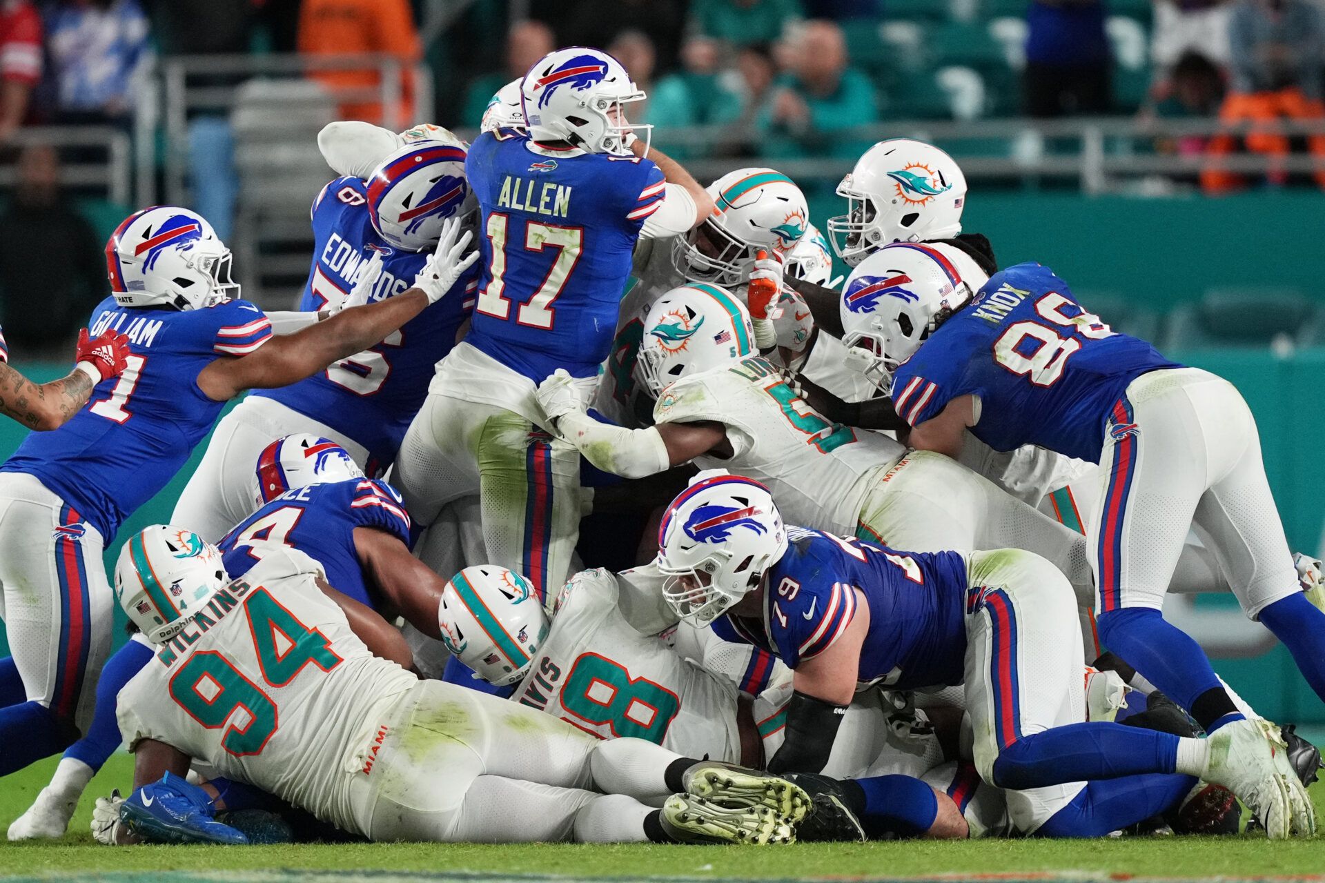 Buffalo Bills quarterback Josh Allen (17) gets stopped on fourth down by the Miami Dolphins defense during the fourth quarter at Hard Rock Stadium.