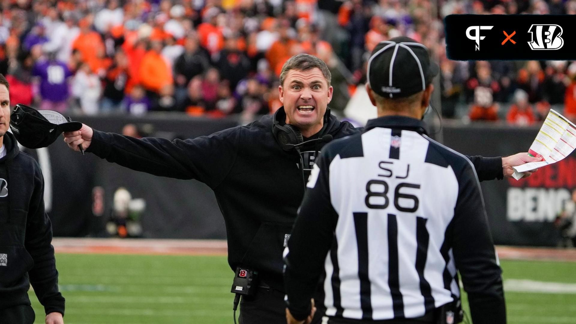 Cincinnati Bengals head coach Zac Taylor yells at side judge Jimmy Buchanan after Bengals Tee Higgins missed a pass in overtime Paycor Stadium Saturday, December 16, 2023.