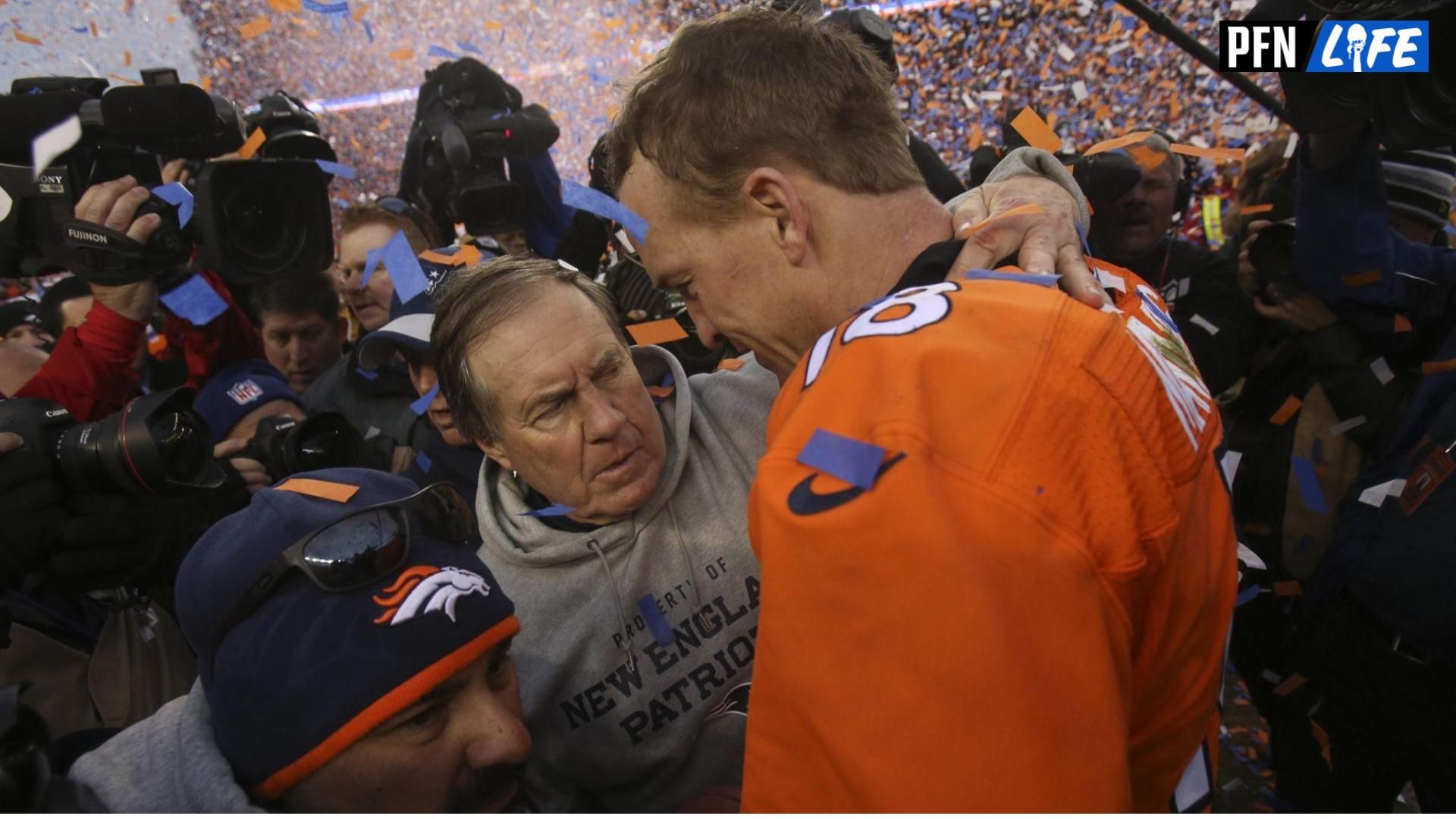 New England Patriots head coach Bill Belichick and Denver Broncos QB Peyton Manning (18) meet on the field after a game.