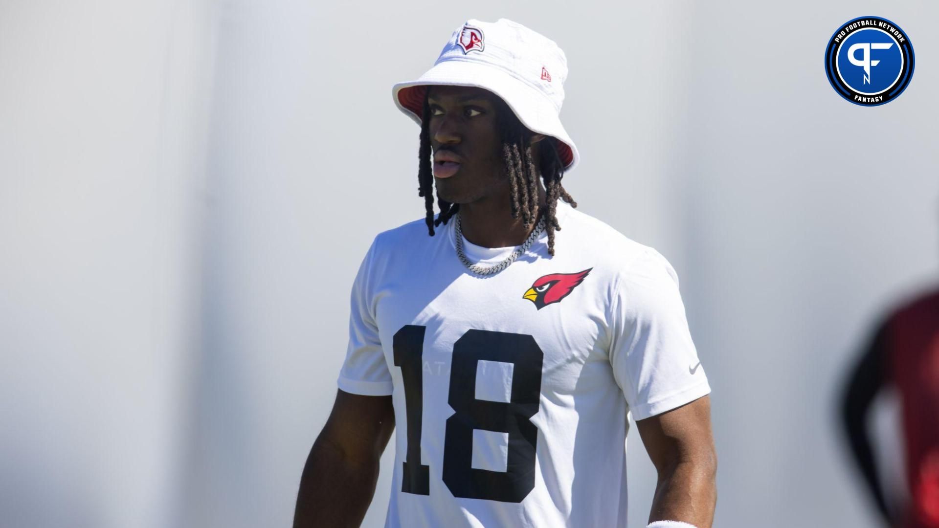 Arizona Cardinals wide receiver Marvin Harrison Jr. (18) during rookie minicamp at the teams Tempe Training Facility. Harrison is an early pick in Pro Football Network's latest dynasty mock draft. Mandatory Credit: Mark J. Rebilas-USA TODAY Sports