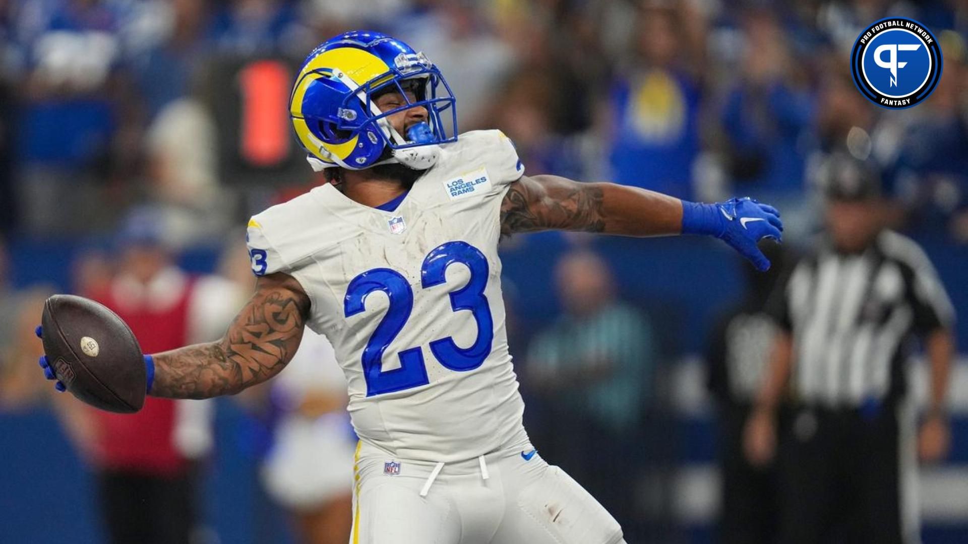 Los Angeles Rams running back Kyren Williams (23) celebrates a touchdown during the first half of the game against the Indianapolis Colts on Sunday, Oct. 1, 2023, at Lucas Oil Stadium in Indianapolis.