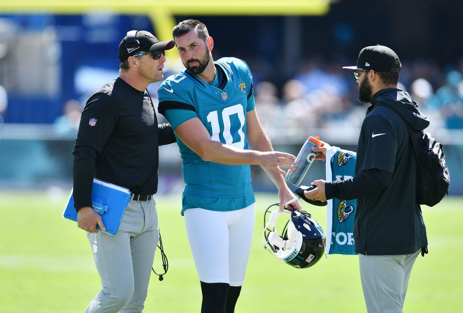 Jacksonville Jaguars place kicker Brandon McManus (10) after his successful extra point kick early in the second quarter. The Jacksonville Jaguars hosted the Indianapolis Colts at EverBank Stadium in Jacksonville, FL Sunday, October 15, 2023. The Jaguars ended the first half with a 21 to 6 lead.