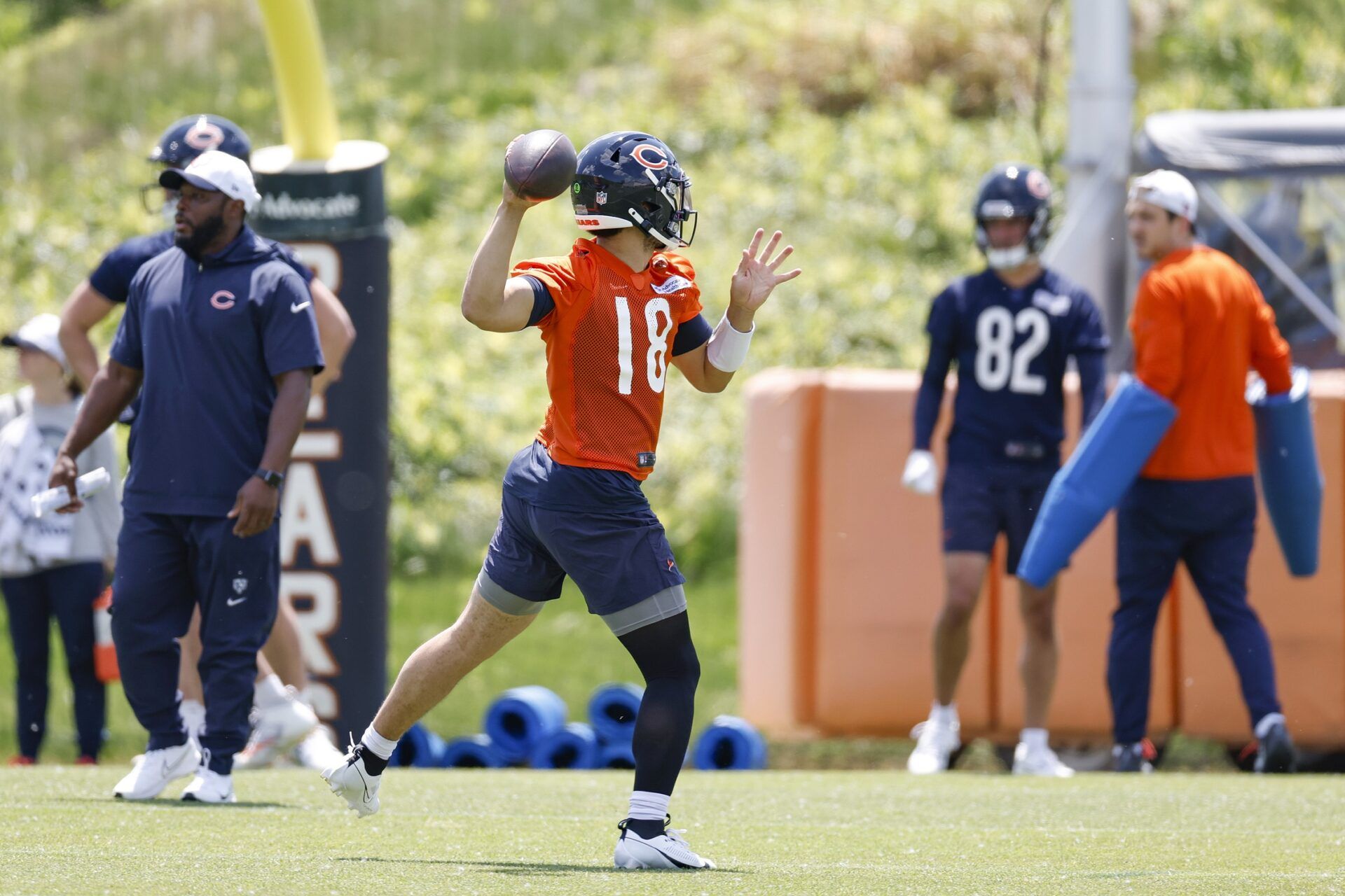 Chicago Bears quarterback Caleb Williams (18) throws the ball during NFL organized team activities (OTAs) at Halas Hall.