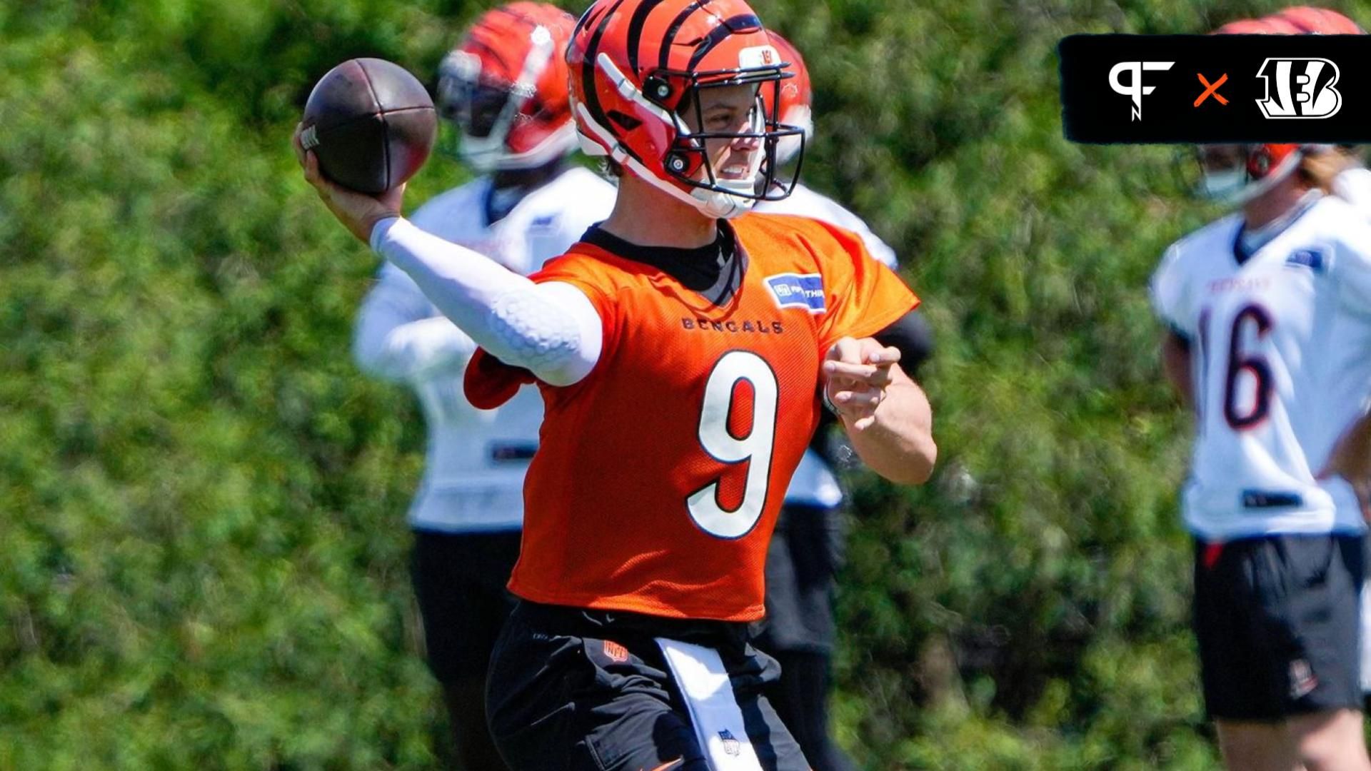 Cincinnati Bengals QB Joe Burrow (9) makes a throw during the team's OTAs.