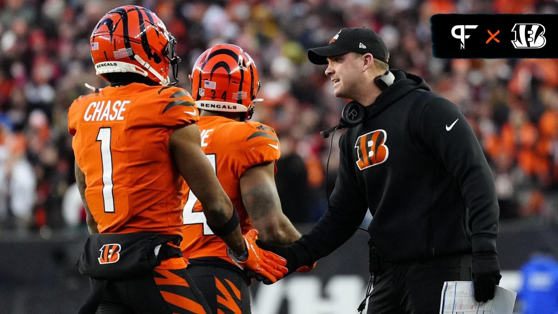 Cincinnati Bengals head coach Zac Taylor shouts to wide receiver Ja'Marr Chase (1) after he is called for taunting after a touchdown reception by Tee Higgins in the second quarter of a Week 13 NFL game at Paycor Stadium. Mandatory Credit:Sam Greene-USA TODAY Sports