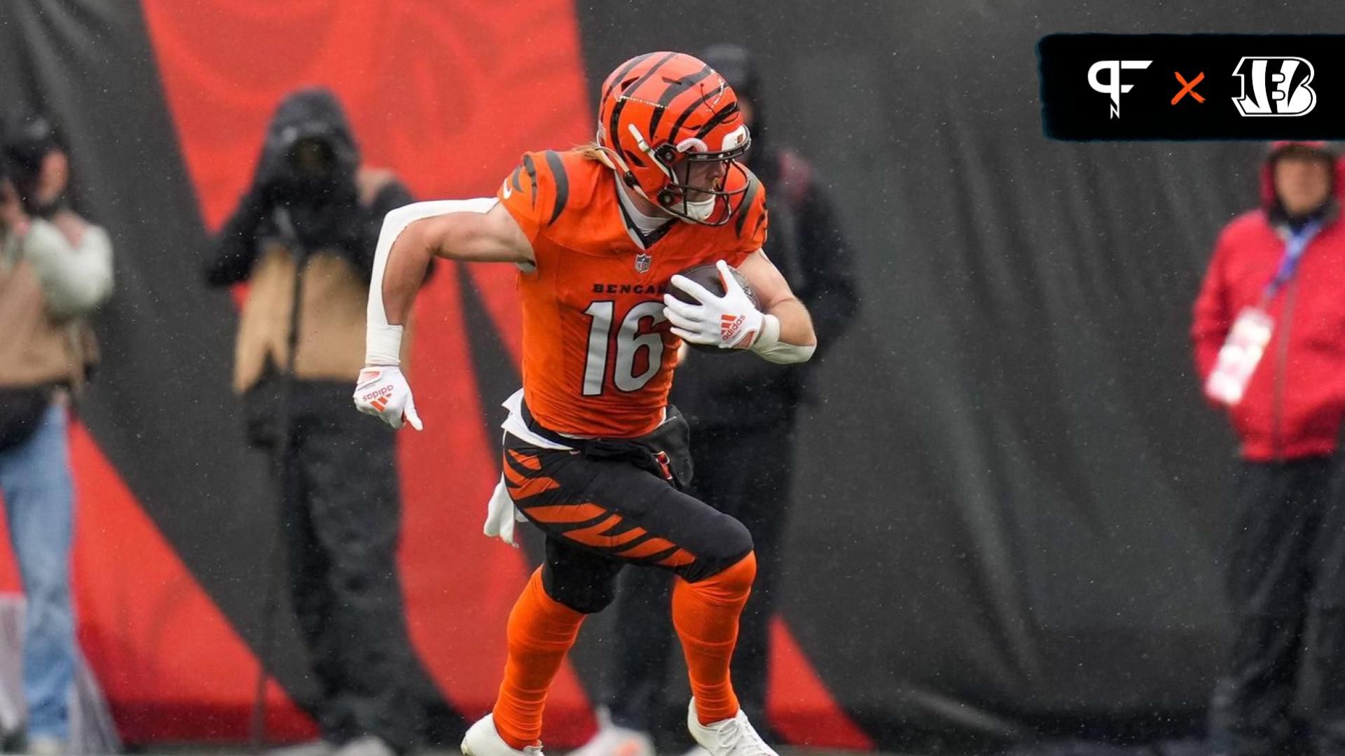 Cincinnati Bengals wide receiver Trenton Irwin (16) runs with a catch in the second quarter of the NFL Week 12 game between the Cincinnati Bengals and the Pittsburgh Steelers at Paycor Stadium in Cincinnati on Sunday, Nov. 26, 2023.