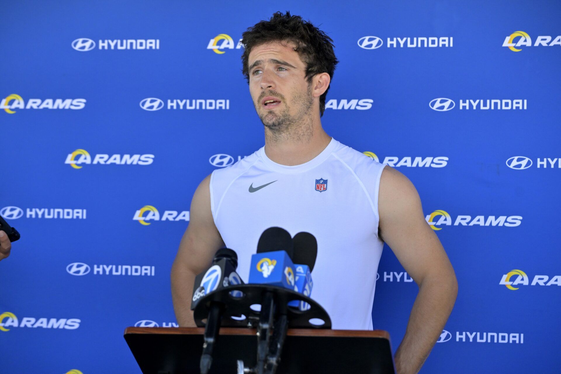 Los Angeles Rams quarterback Stetson Bennett (13) speaks to the media following OTAs at the team training facility at California Lutheran University.