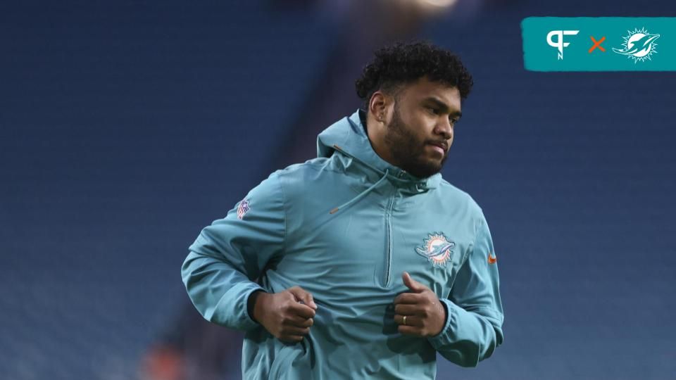 Miami Dolphins quarterback Tua Tagovailoa warms up prior to the game against the Buffalo Bills at Hard Rock Stadium.