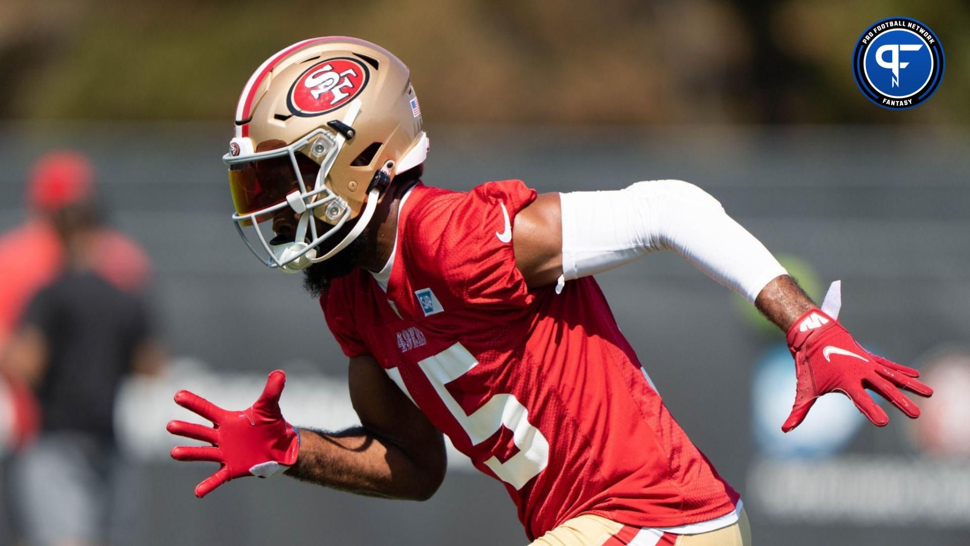 San Francisco 49ers wide receiver Jauan Jennings (15) runs during training camp at the SAP Performance Facility near Levi Stadium.