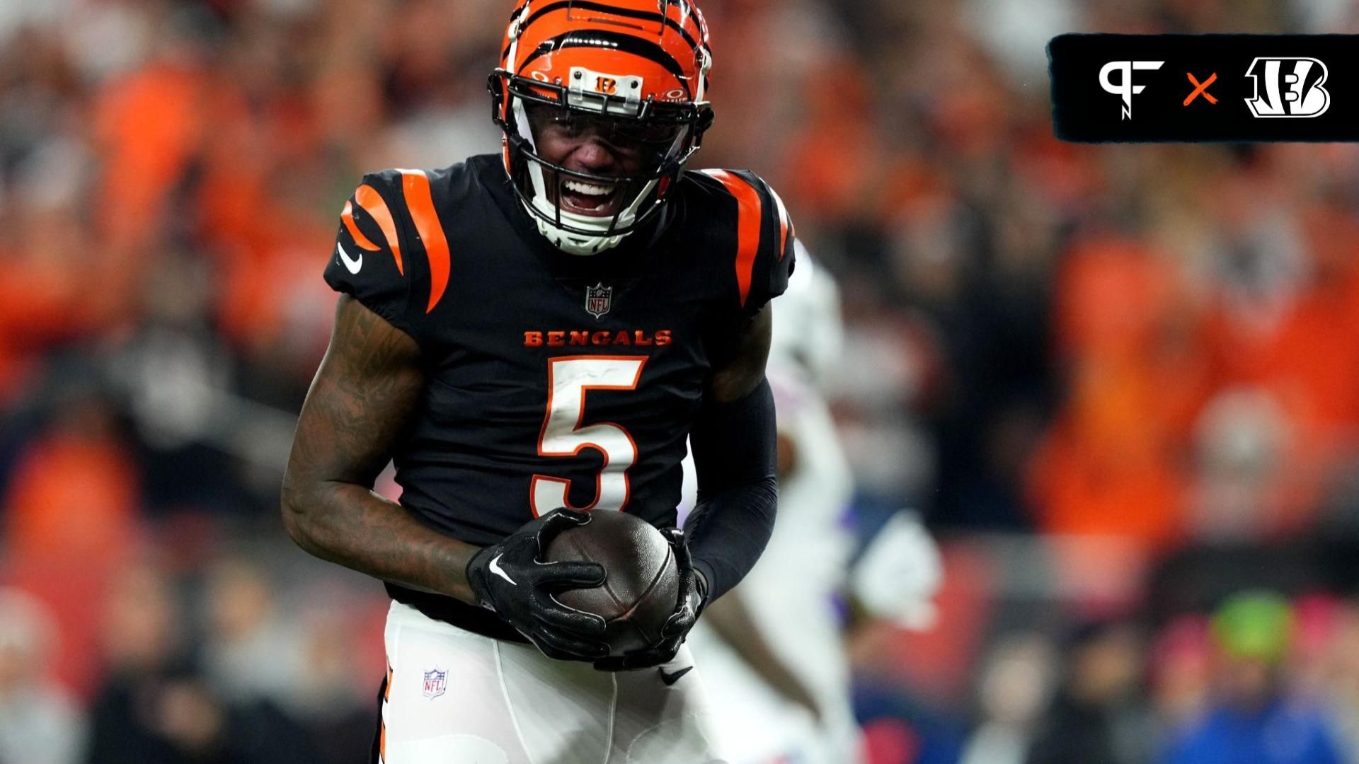 Cincinnati Bengals wide receiver Tee Higgins (5) reacts after making a catch against the Buffalo Bills in the fourth quarter at Paycor Stadium.