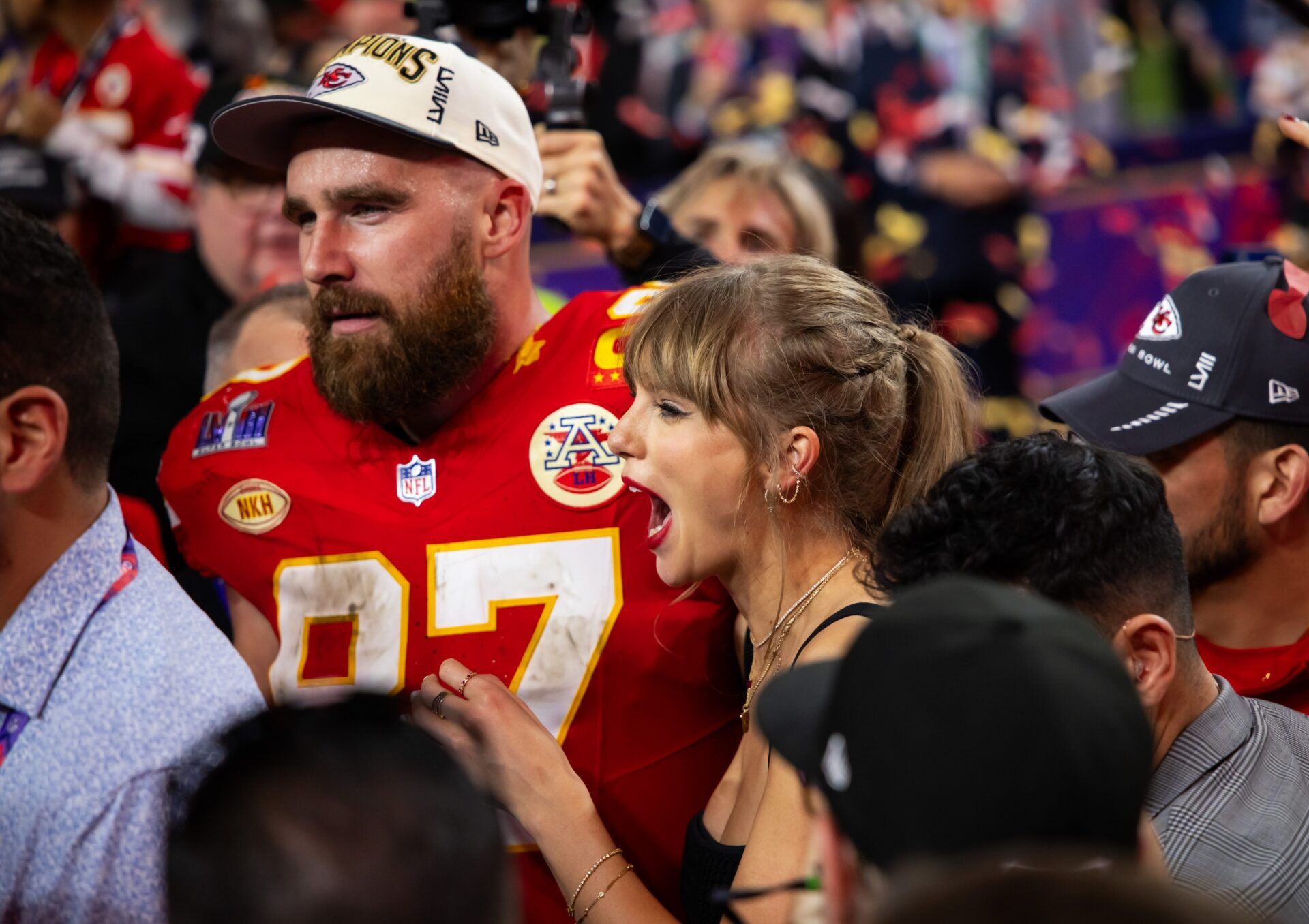 Kansas City Chiefs tight end Travis Kelce (87) celebrates with girlfriend Taylor Swift after defeating the San Francisco 49ers in Super Bowl LVIII at Allegiant Stadium. Mandatory Credit: Mark J. Rebilas-USA TODAY Sports