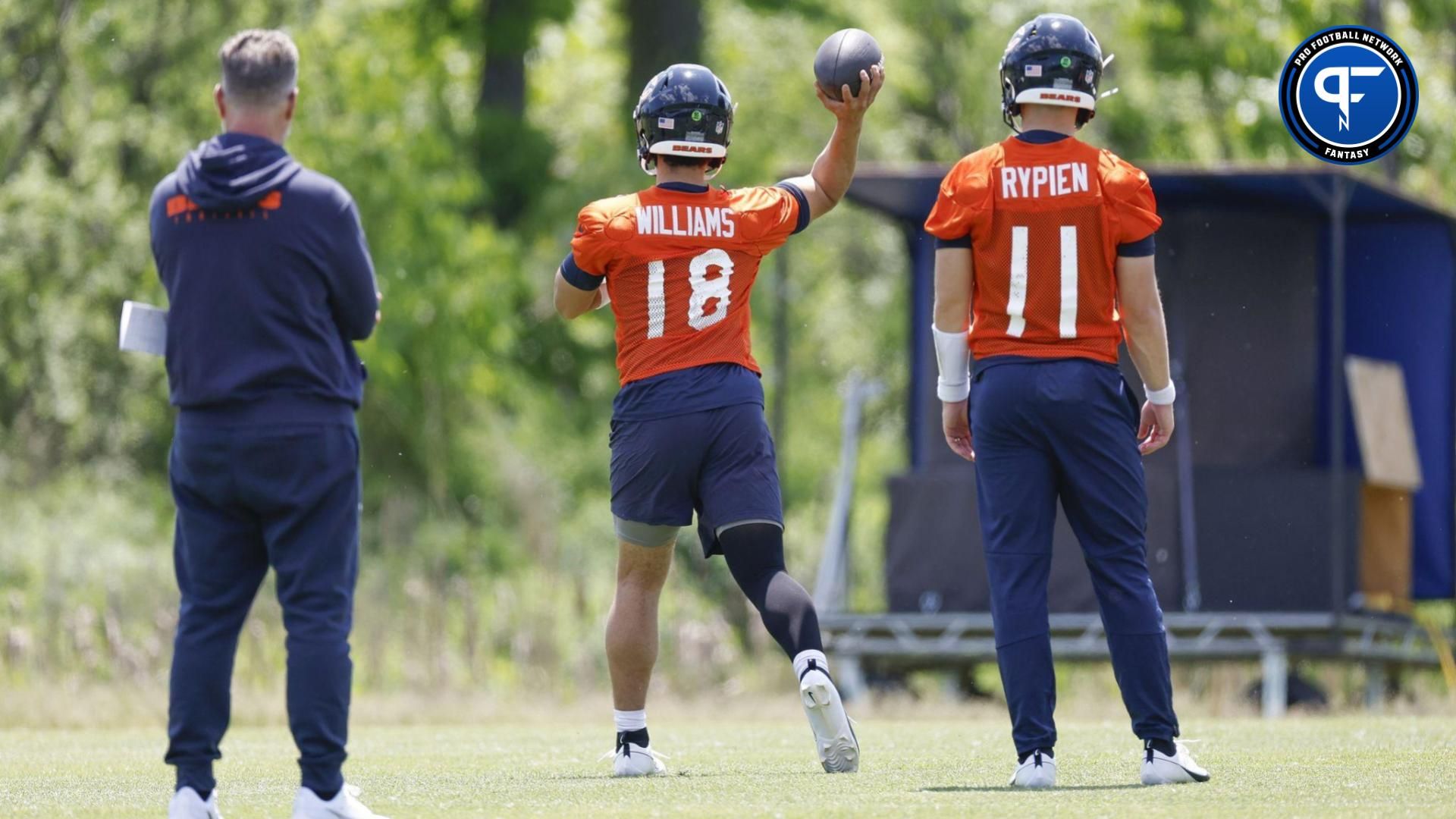 Fantasy football rookies: Chicago Bears quarterback Caleb Williams (18) throws the ball during organized team activities at Halas Hall.