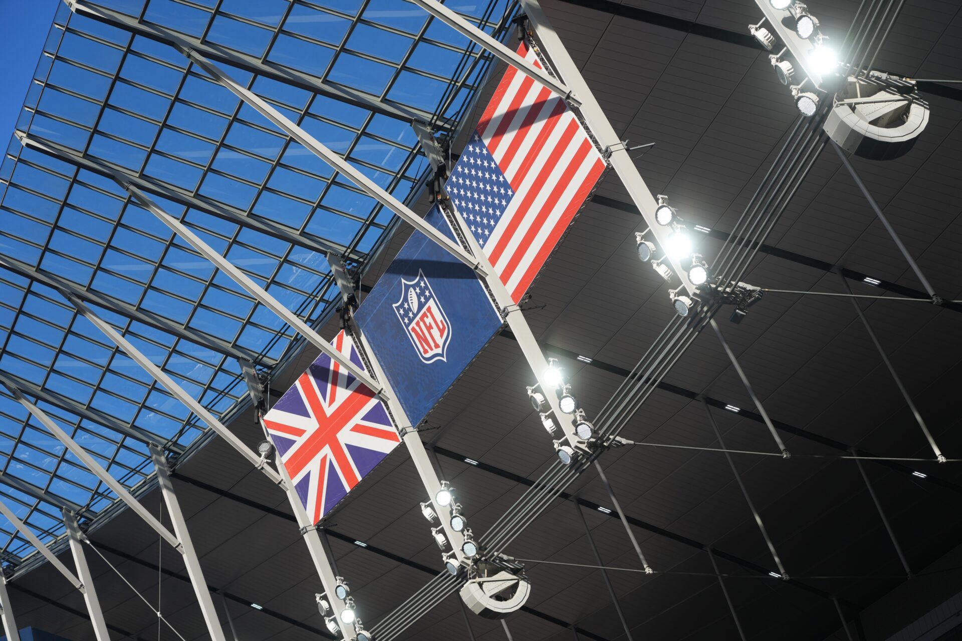 British, NFL shield and United States flags during an NFL International Series game at Tottenham Hotspur Stadium. Mandatory Credit: Kirby Lee-USA TODAY Sports