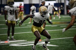 Benjamin Morrison CB of the Fighting Irish at practice at the Fighting Irish Athletic Center at Notre Dame on Thursday July 27, 2023.