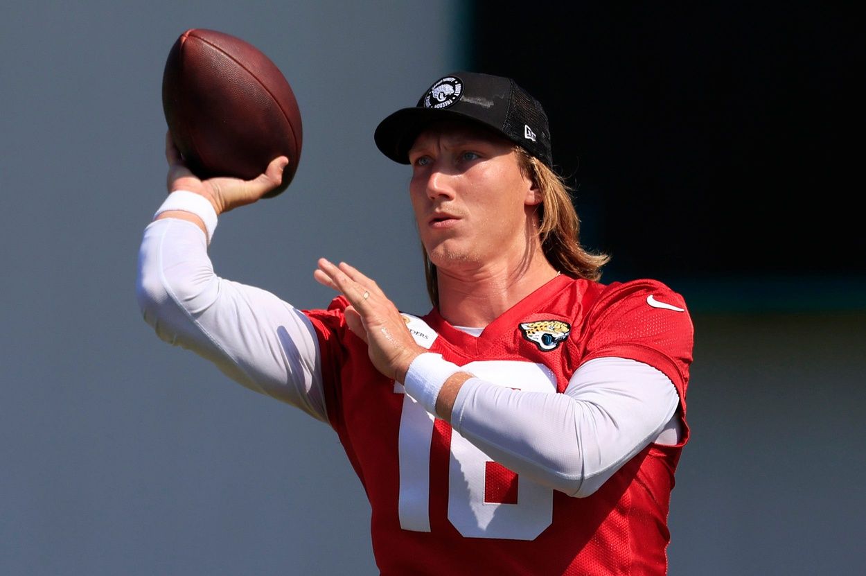 Jacksonville Jaguars QB Trevor Lawrence (16) throws passes during OTAs.