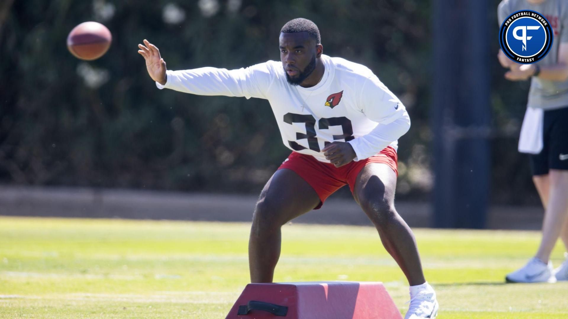 Arizona Cardinals running back Trey Benson (33) during rookie minicamp at the teams Tempe Training Facility.