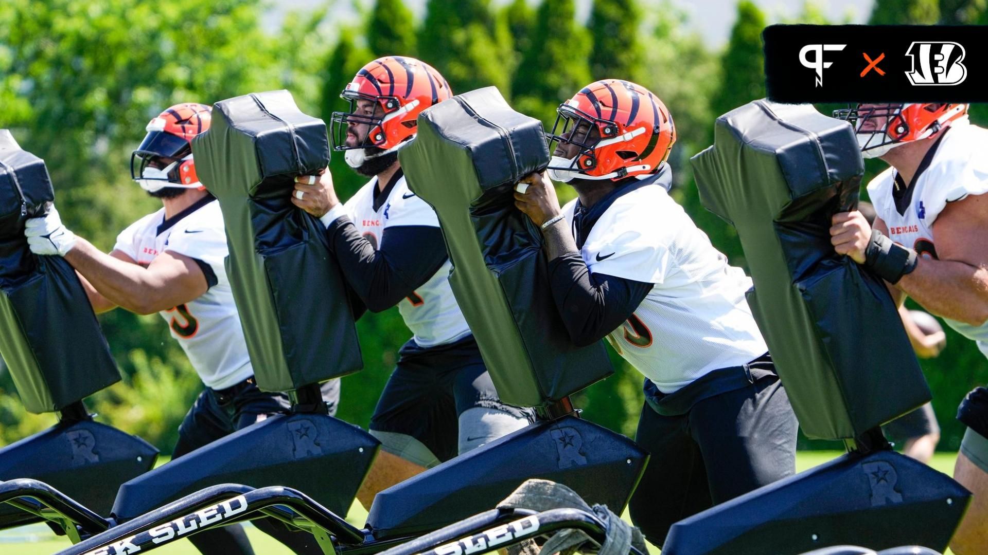 Members of the Cincinnati Bengals offensive line use a tackle sled during OTAs.