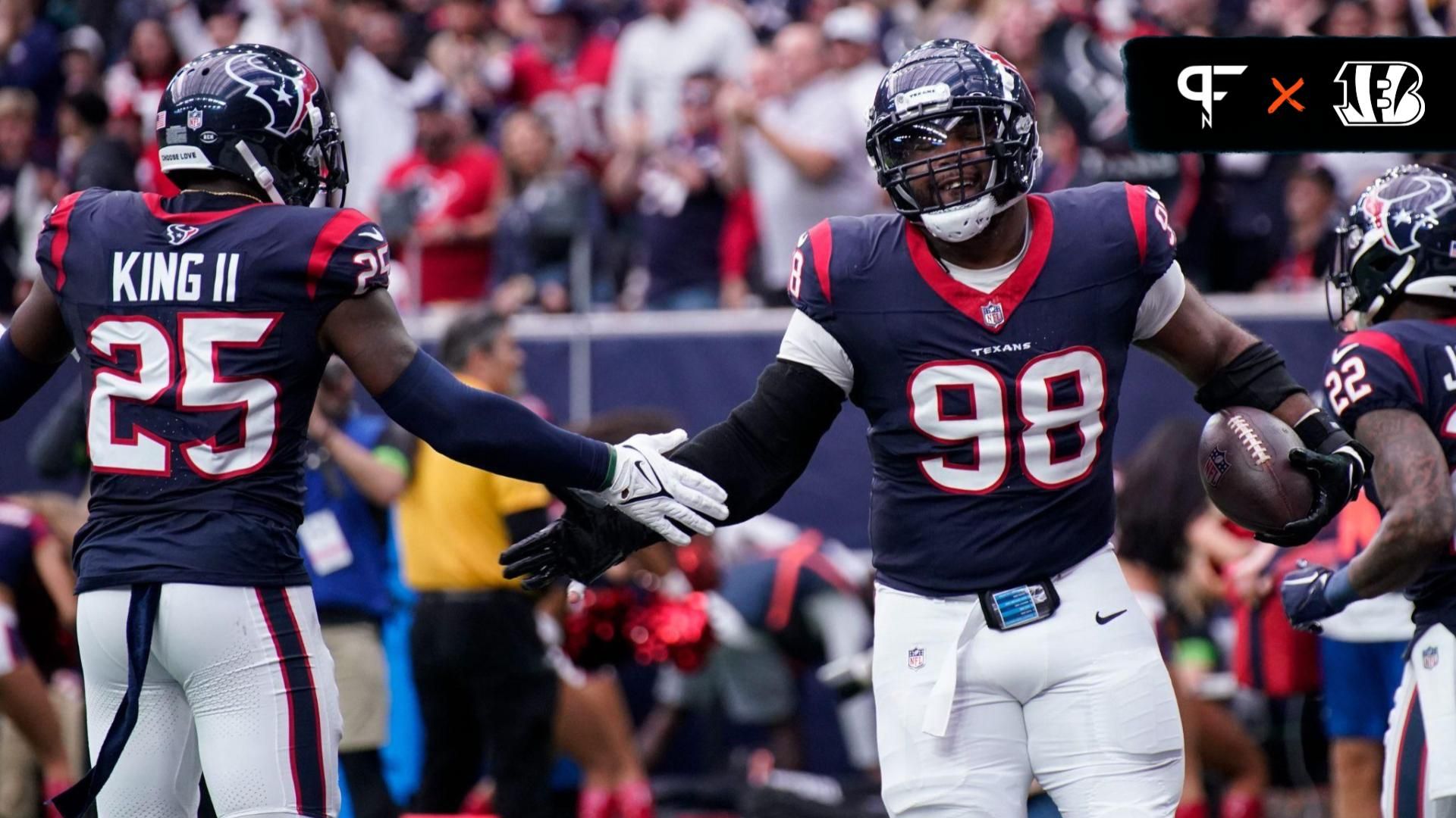 Houston Texans defensive tackle Sheldon Rankins (98) celebrates his touchdown off a ball fumbled by Tennessee Titans quarterback Will Levis during the second quarter at NRG Stadium in Houston, Texas., Sunday, Dec. 31, 2023.