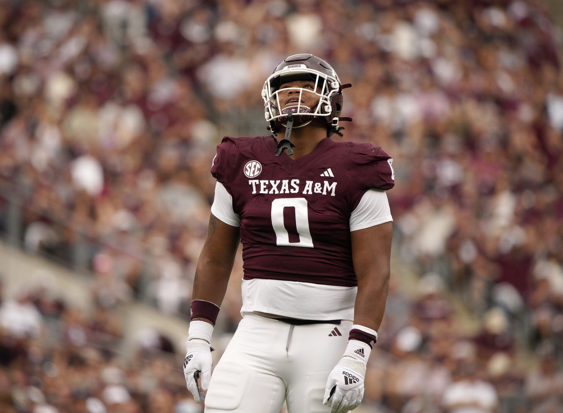 Texas A&M Aggies defensive lineman Walter Nolen (0) moves up to the scrimmage line during the second quarter in a game against South Carolina Gamecocks at Kyle Field. Mandatory Credit: Dustin Safranek-USA TODAY Sports