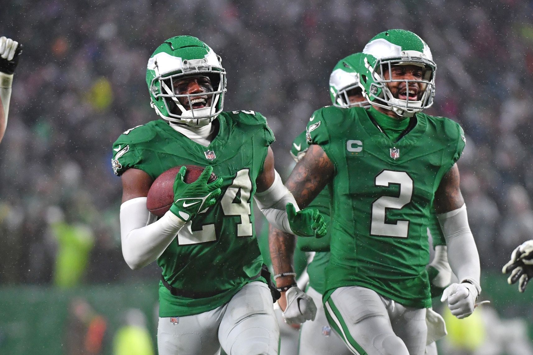 Philadelphia Eagles cornerback James Bradberry (24) celebrates his interception during the fourth quarter against the Buffalo Bills at Lincoln Financial Field.