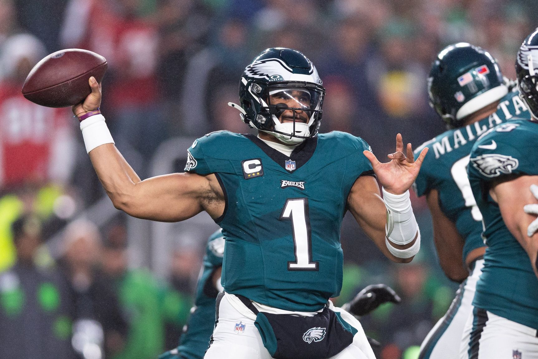 Philadelphia Eagles quarterback Jalen Hurts (1) passes the ball against the San Francisco 49ers during the first quarter at Lincoln Financial Field. Mandatory Credit: Bill Streicher-USA TODAY Sports