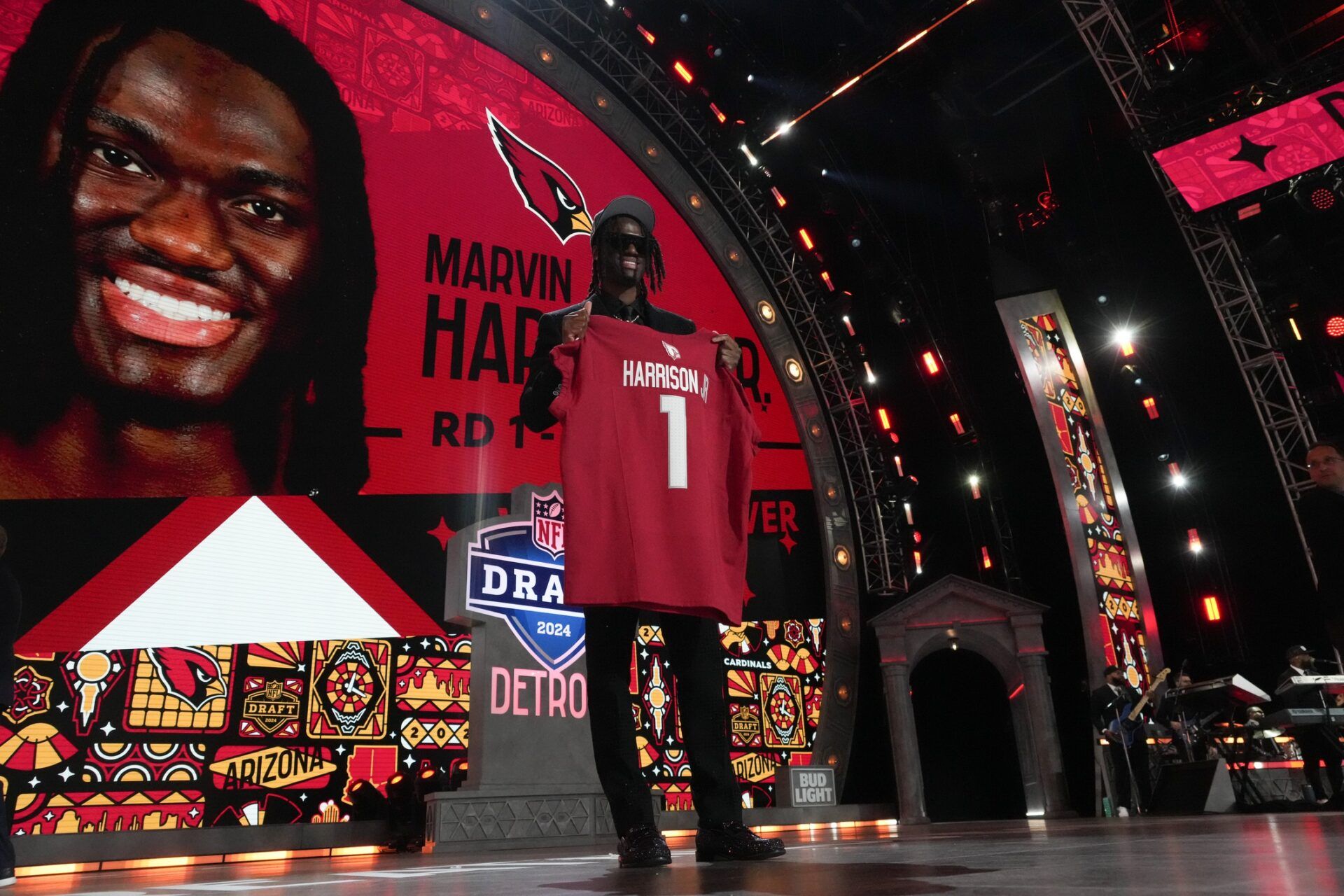 Ohio State Buckeyes wide receiver Marvin Harrison Jr. poses after being selected by the Arizona Cardinals as the No. 4 pick in the first round of the 2024 NFL Draft at Campus Martius Park and Hart Plaza. Will he be the highest-rated rookie in Madden 25?