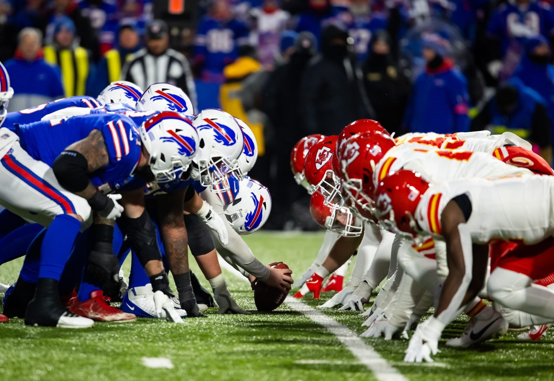 General view down the line of scrimmage as the Buffalo Bills center prepares to snap the ball against the Kansas City Chiefs in the 2024 AFC divisional round game at Highmark Stadium. Both teams will be playable in the upcoming Madden NFL 25 video game. The Madden release date is rumored to be Aug. 16. Mandatory Credit: Mark J. Rebilas-USA TODAY Sports