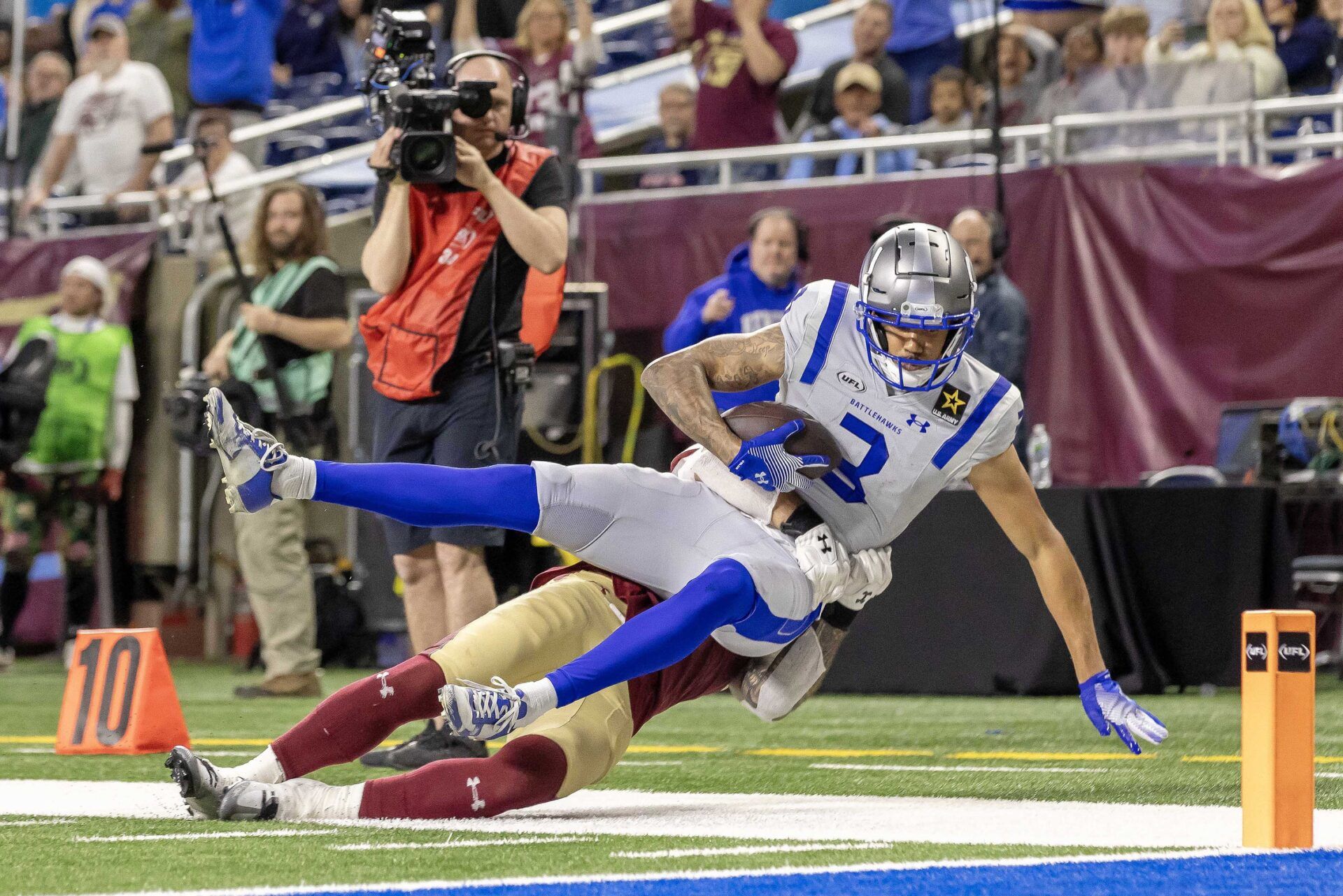 St. Louis Battlehawks wide receiver Marcell Ateman (3) is tackled after a catch by Michigan Panthers safety Kai Nacua (21) during the second half at Ford Field. Mandatory Credit: David Reginek-USA TODAY Sports