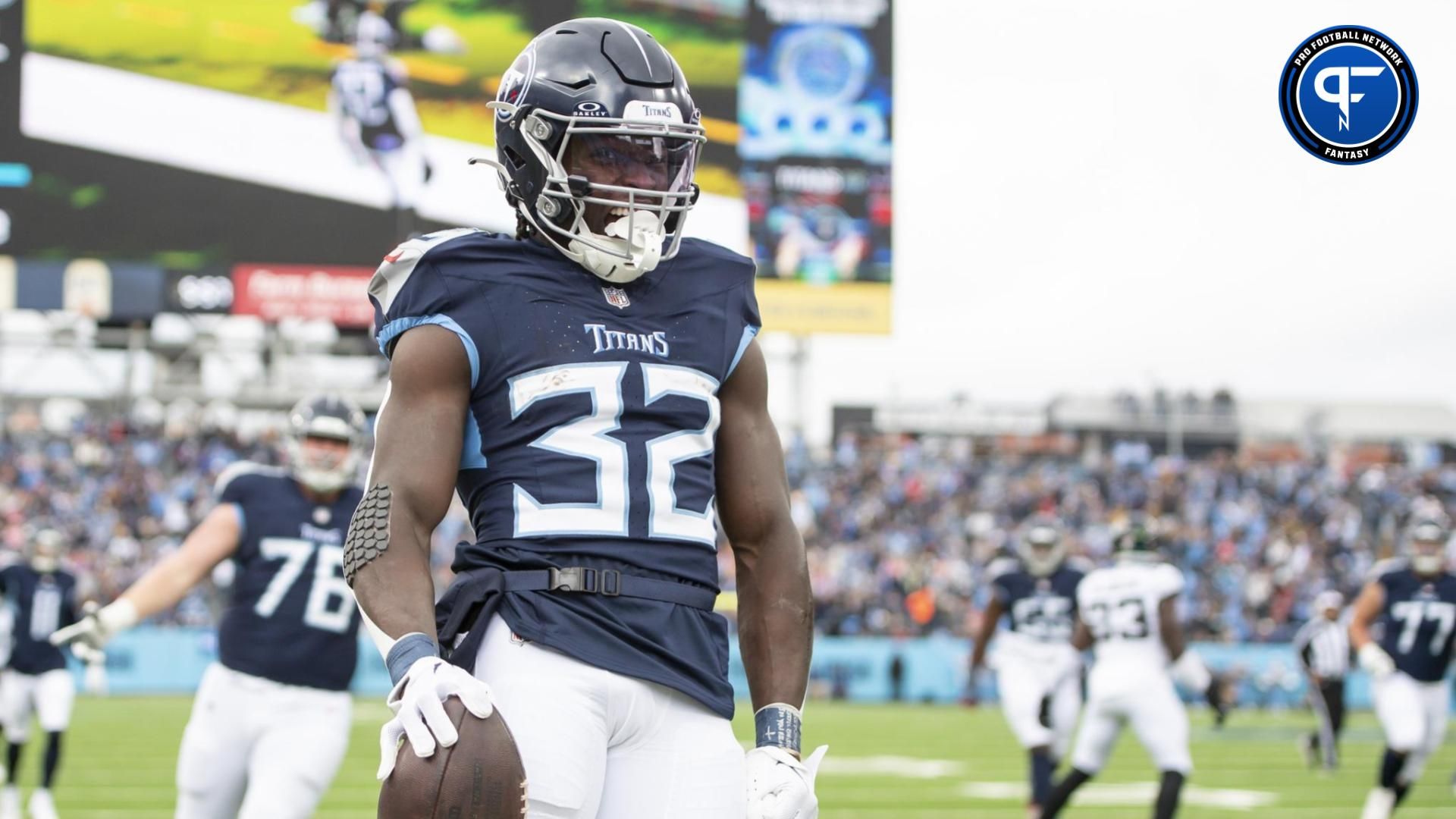 Tennessee Titans running back Tyjae Spears (32) celebrates his touchdown against the Jacksonville Jaguars during the first half at Nissan Stadium. Mandatory Credit: Steve Roberts-USA TODAY Sports